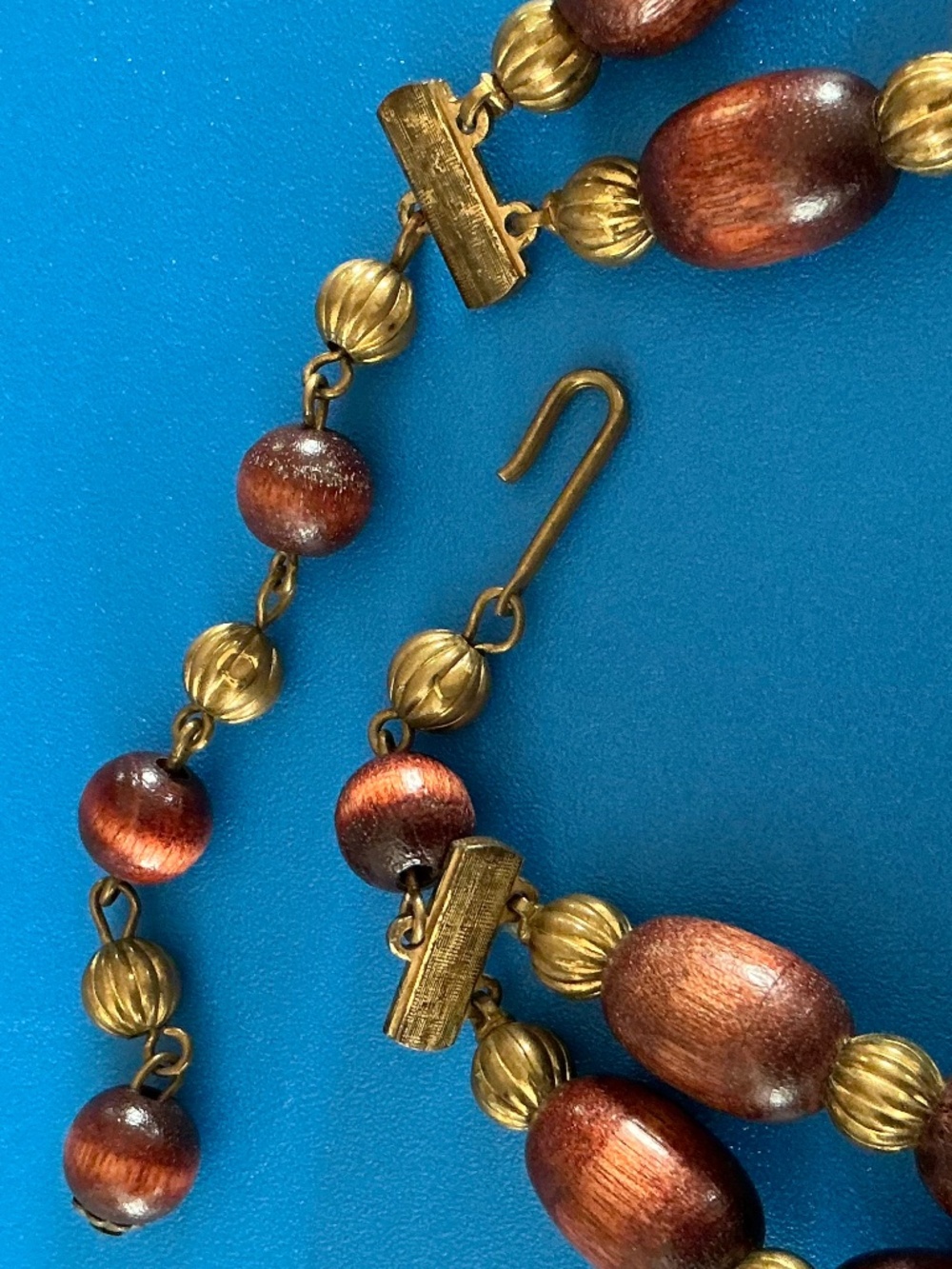 Vintage 1960s Double Strand Wood Bead Necklace Adjustable Statement Choker - Picture 15 of 15